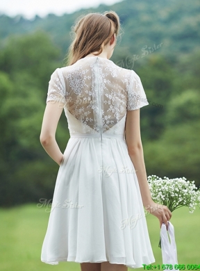 Beautiful Short Sleeves White Bridesmaid Dress with Belt and Lace