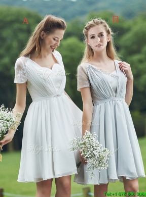 Beautiful Short Sleeves White Bridesmaid Dress with Belt and Lace