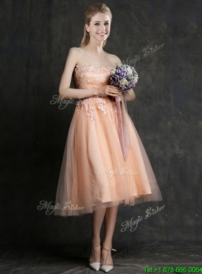 Beautiful Strapless Peach Bridesmaid Dress with Sashes and Lace