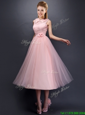 Beautiful Hand Made Flowers and Laced High Neck Bridesmaid Dress in Baby Pink