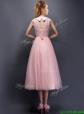 Beautiful Hand Made Flowers and Laced High Neck Bridesmaid Dress in Baby Pink