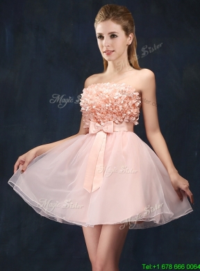 Lovely Baby Pink Short Bridesmaid Dress with Bowknot and Hand Made Flowers