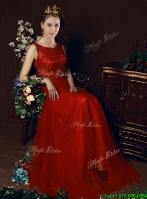 Beautiful Belted Empire Scoop Red Bridesmaid Dress with Brush Train