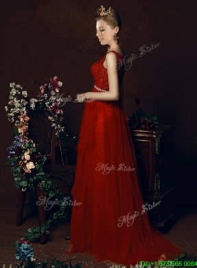 Beautiful Belted Empire Scoop Red Bridesmaid Dress with Brush Train