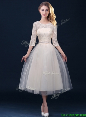 Beautiful Tea Length Tulle Bridesmaid Dress in Champagne