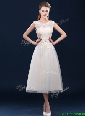 Beautiful Tea Length Tulle Bridesmaid Dress in Champagne