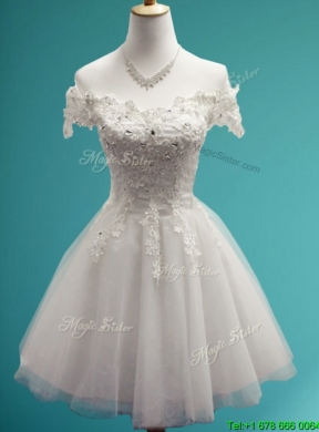 Beautiful White Off the Shoulder Cap Sleeves Bridesmaid Dress with Beading and Bowknot