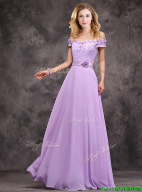Cheap Applique and Laced Lavender Long Bridesmaid Dress in Chiffon