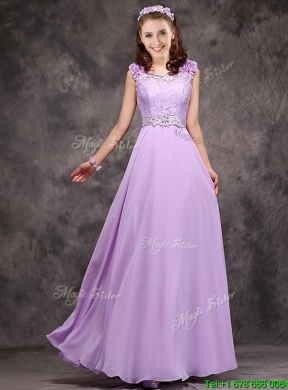 Cheap Applique and Laced Lavender Long Bridesmaid Dress in Chiffon