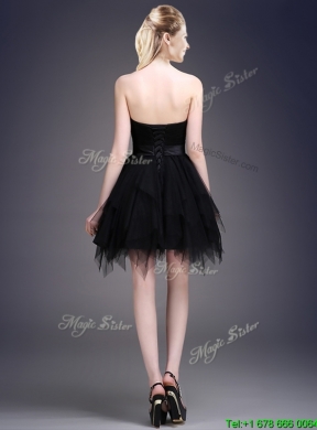 Cheap Black Short Bridesmaid Dress with Ruffles and Belt