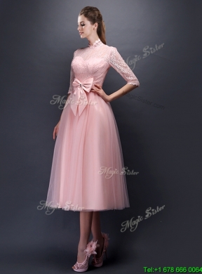 Cheap Laced High Neck Half Sleeves Bridesmaid Dress with Bowknot