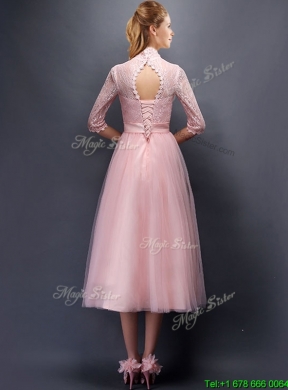 Cheap Laced High Neck Half Sleeves Bridesmaid Dress with Bowknot