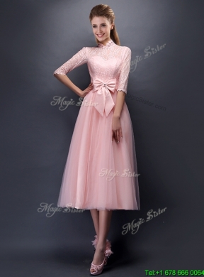 Cheap Laced High Neck Half Sleeves Bridesmaid Dress with Bowknot