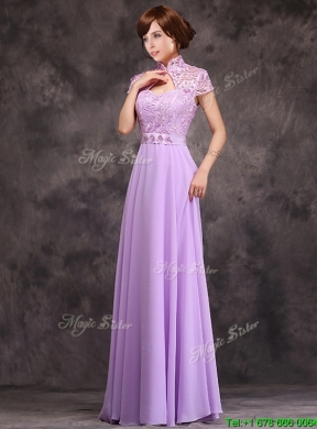 Cheap Low Price High Neck Cap Sleeves Lavender Long Bridesmaid Dress