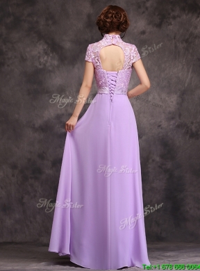 Cheap Low Price High Neck Cap Sleeves Lavender Long Bridesmaid Dress