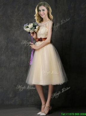 Cheap See Through Scoop Bridesmaid Dress with Bowknot and Lace