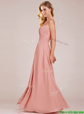 Cheap Straps Peach Bridesmaid Dress with Ruching and High Slit