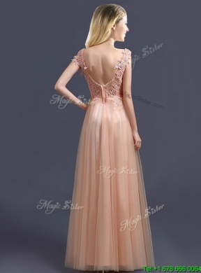 Cheap V Neck Long Bridesmaid Dress with Appliques and Beading