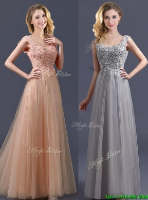 Cheap V Neck Long Bridesmaid Dress with Appliques and Beading