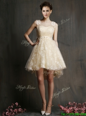 See Through Scoop Champagne Bridesmaid Dress with Hand Made Flowers and Bowknot