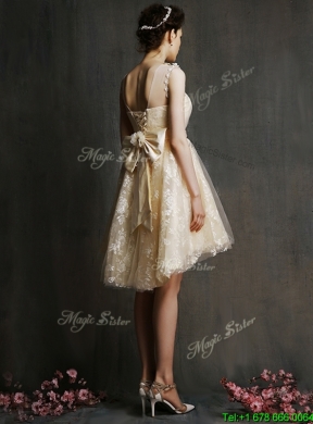 See Through Scoop Champagne Bridesmaid Dress with Hand Made Flowers and Bowknot