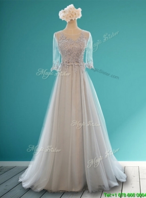 See Through Scoop Half Sleeves Bridesmaid Dress with Appliques and Belt