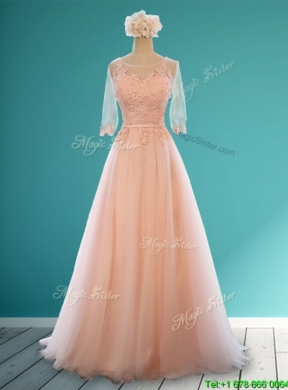 See Through Scoop Half Sleeves Bridesmaid Dress with Appliques and Belt