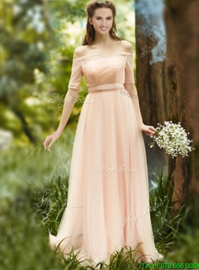 Beautiful Floor Length Tulle Prom Dress in Peach