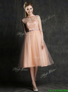 Cheap High Neck Peach Dama Dress with Sashes and Lace