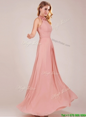 Cheap Low Price Halter Top Peach Long Dama Dress in Chiffon