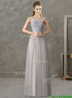 Cheap See Through Scoop Grey Long Dama Dress with Appliques