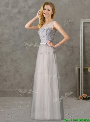 Cheap See Through Scoop Grey Long Dama Dress with Appliques