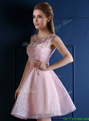 Exquisite Baby Pink Scoop Prom Dress with Appliques and Beading