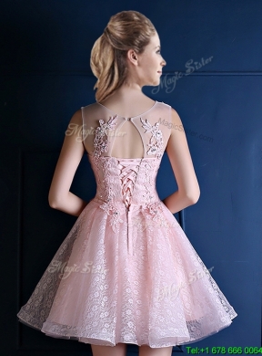 Exquisite Baby Pink Scoop Prom Dress with Appliques and Beading