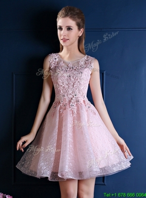 Exquisite Baby Pink Scoop Prom Dress with Appliques and Beading