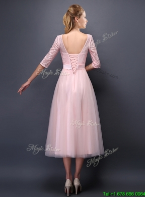 Most Popular Scoop Half Sleeves Baby Pink Dama Dress with Bowknot