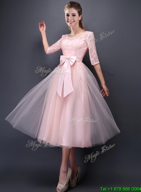 Most Popular Scoop Half Sleeves Baby Pink Dama Dress with Bowknot