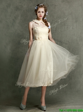 Pretty High Neck Champagne Dama Dress with Lace and Hand Made Flowers