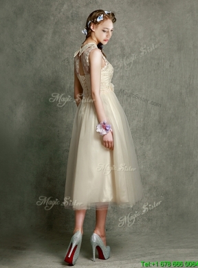 Pretty High Neck Champagne Dama Dress with Lace and Hand Made Flowers