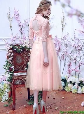 See Through High Neck Half Sleeves Prom Dress with Bowknot