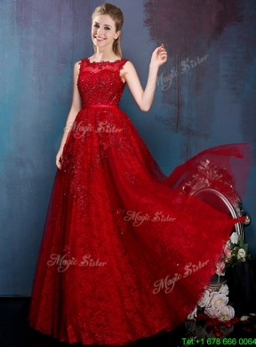 See Through Scoop Wine Red Prom Dress with Beading and Appliques