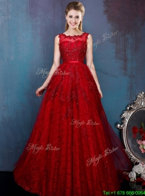 See Through Scoop Wine Red Prom Dress with Beading and Appliques