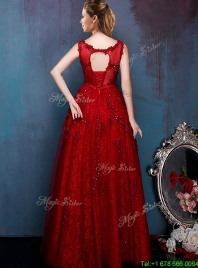 See Through Scoop Wine Red Prom Dress with Beading and Appliques