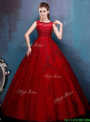 See Through Scoop Wine Red Prom Dress with Beading and Appliques