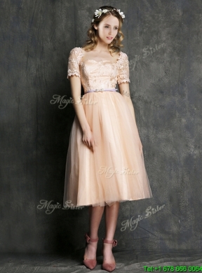 Beautiful Bateau Short Sleeves Mother Dress with Sashes and Lace