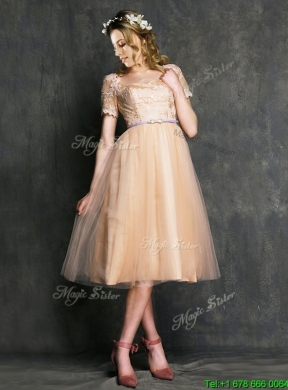 Beautiful Bateau Short Sleeves Mother Dress with Sashes and Lace