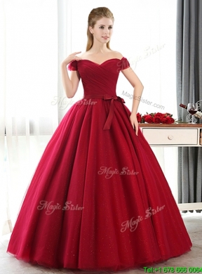 Discount Off the Shoulder Wine Red Mother Dress with Bowknot