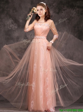 Exquisite See Through Applique and Laced Long Mother Dress in Peach