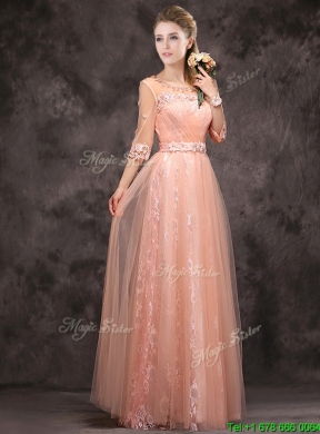 Exquisite See Through Applique and Laced Long Mother Dress in Peach