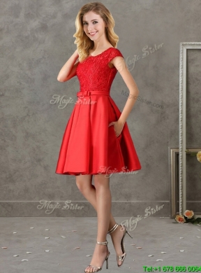 Gorgeous Scoop Cap Sleeves Red Mother Dress with Lace and Bowknot